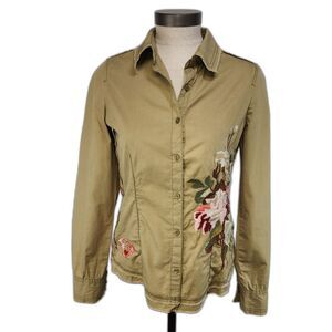 By Deep Los Angeles Olive Green Floral Embroidered Button Down Shirt Size S